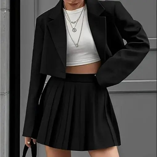 Cropped Blazer And Pleated Mini Skirt Set for Women