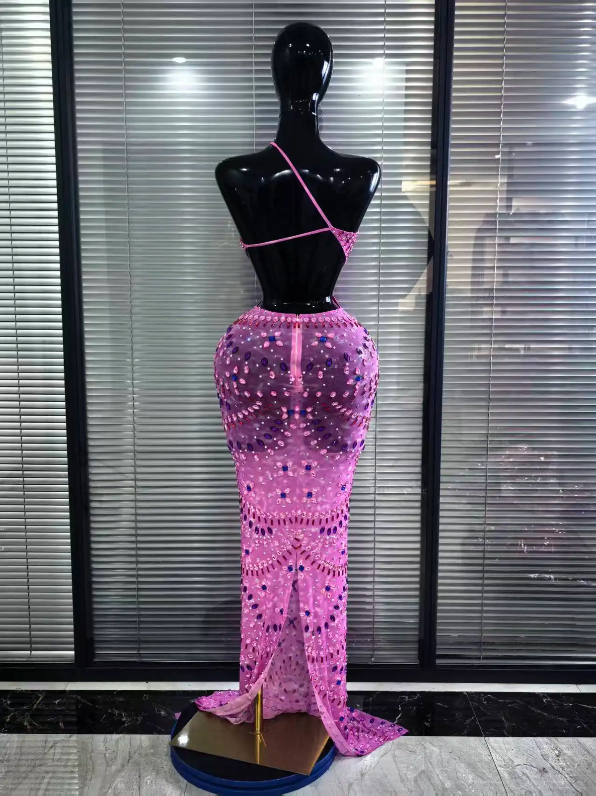 Pink Color Women Sexy Halter Backless Mesh See Through Bodycon Floor-length Mermaid Dress Birthday Party Cocktail Outfit