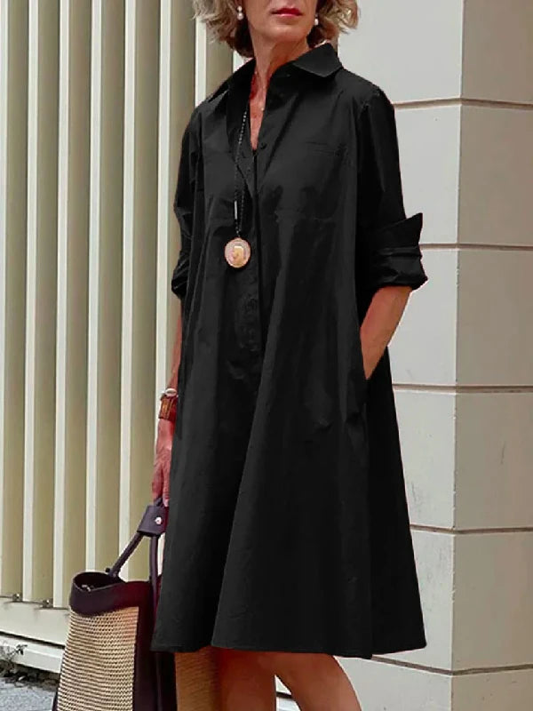 Yeezzi 2025 New Women's Lapel Shirts Dress Fashion Simple Solid Color Long Sleeves Loose H-line Casual Office Midi Dresses