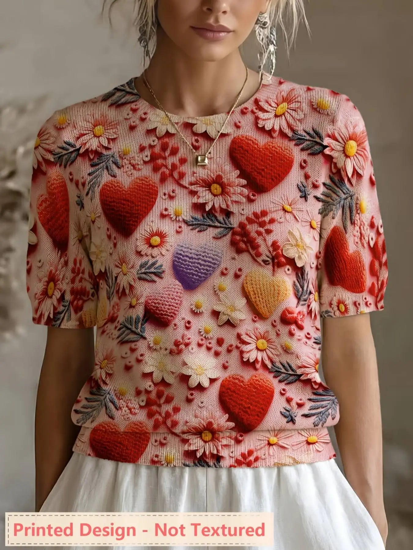 Printed Design Round Neck Short Sleeve Pullover Top for Women