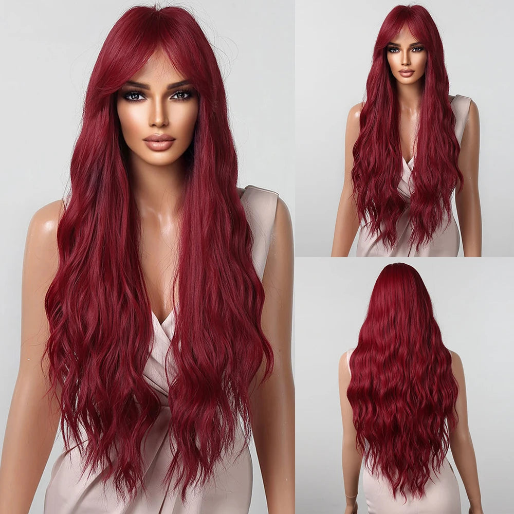 Blue Highlight Long Wavy Synthetic Wig With Bangs for Women