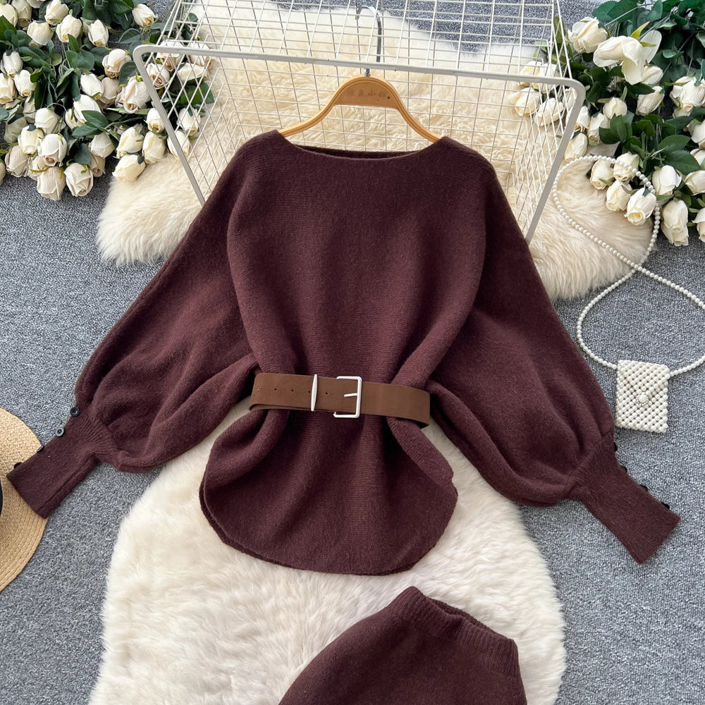 Batwing Sleeve Knit Top and High Waist Skirt Set for Women