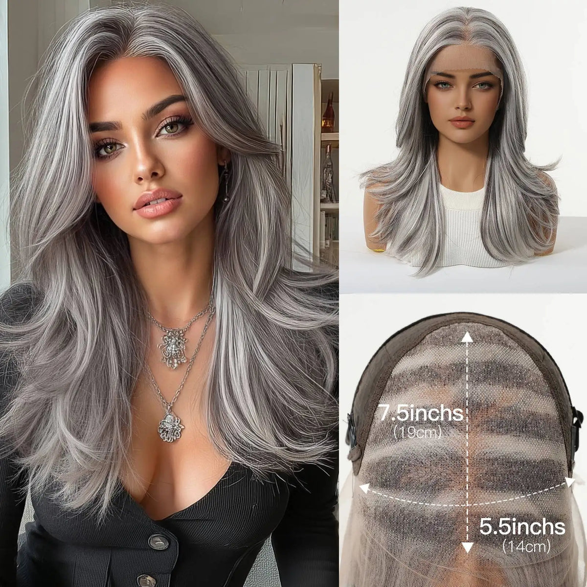 Long Silver Grey Lace Front Wig With Realistic Pre Plucked Hairline for Women