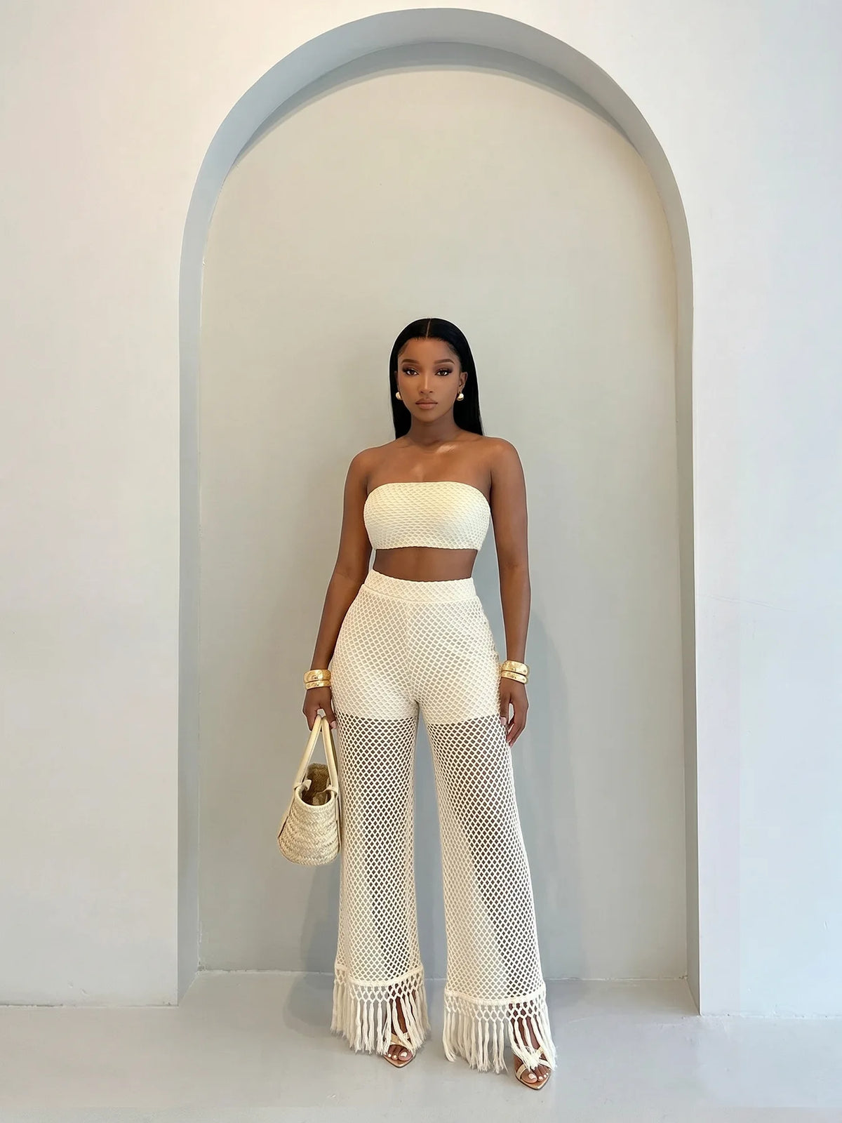 Crochet Bandeau Top and Tassel Wide Leg Pants Set for Women