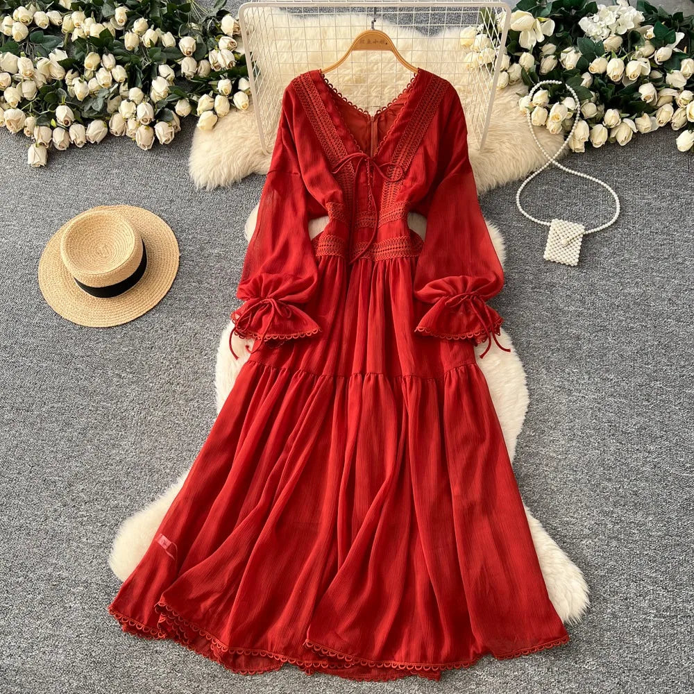 Elegant French V-Neck Waist-Cinching Maxi Dress for Women