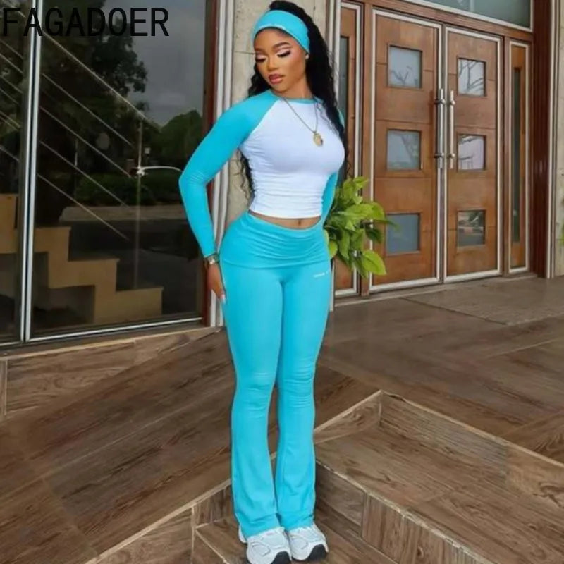 FAGADOER Casual 2 Pieces Set for Woman Long Sleeve Round Neck T-Shirt and High Waist Pants Matching Tracksuits Female Sportswear