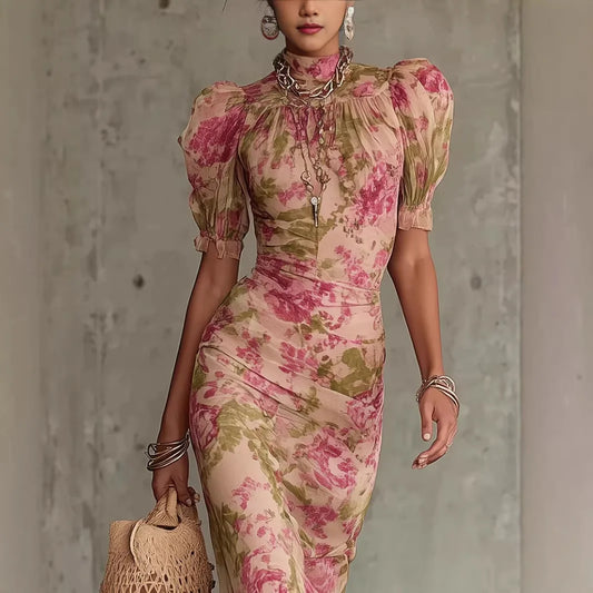 Vintage Printed Stand Collar Maxi Dress