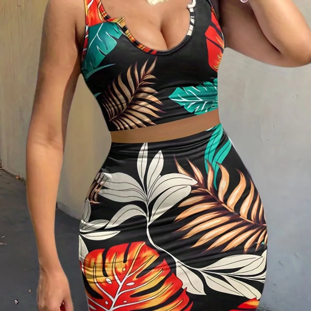 Print Slim Sleeveless Cropped Top Midi Two-Piece Set for Women
