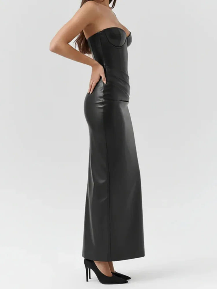 Backless PU Leather Bodycon Evening Dress for Women