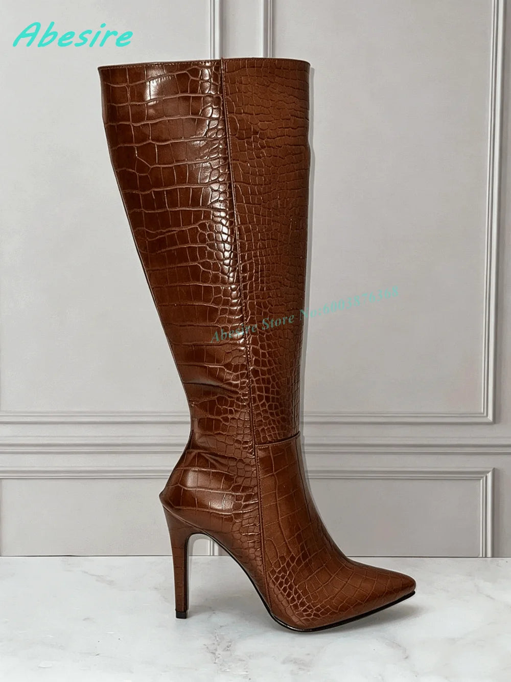 Burgundy Crocodile Pattern Knee High Boots Pointed Toe Stiletto Heel Side-Zipper Women's Boots Retro Sexy Daily Party Shoes