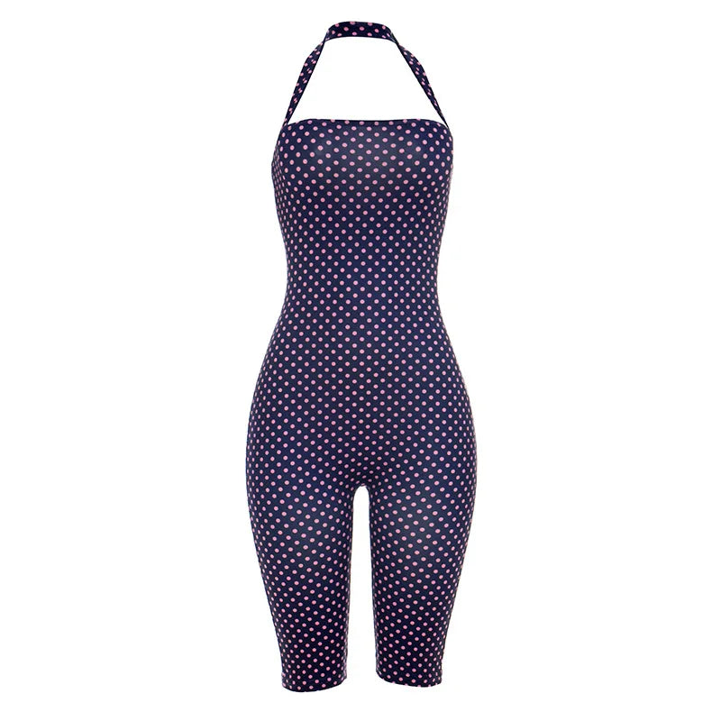Polka Dot Halter Backless Bodycon Romper for Women