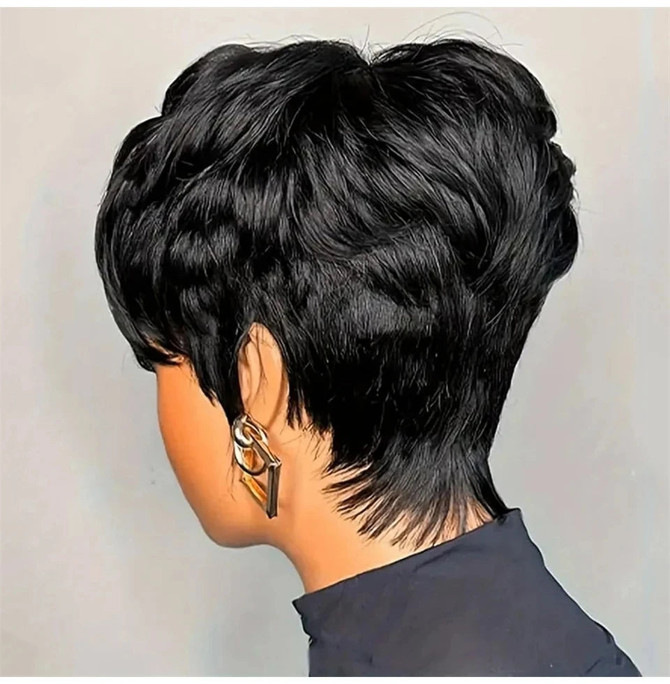 Natural Black Brazilian Human Hair Pixie Cut Wig With Bangs for Women
