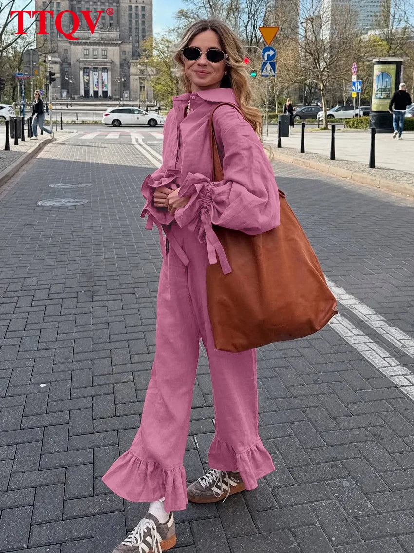 Loose Pink Cotton Shirt and Wide Leg Pants Set for Women