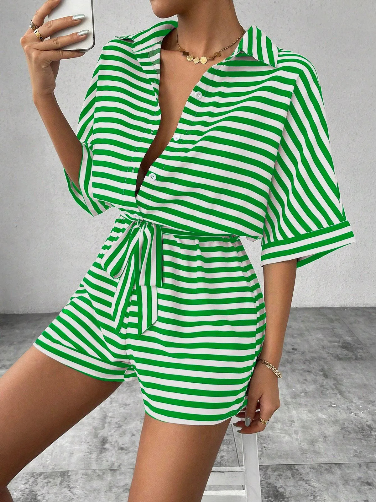 Casual Striped Batwing Sleeve Top And Shorts Set For Women