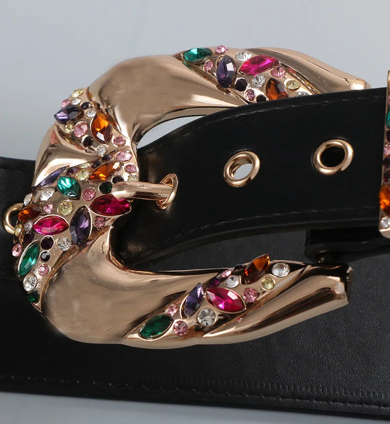 Elegant Rhinestone Wide Faux Leather Belt for Women