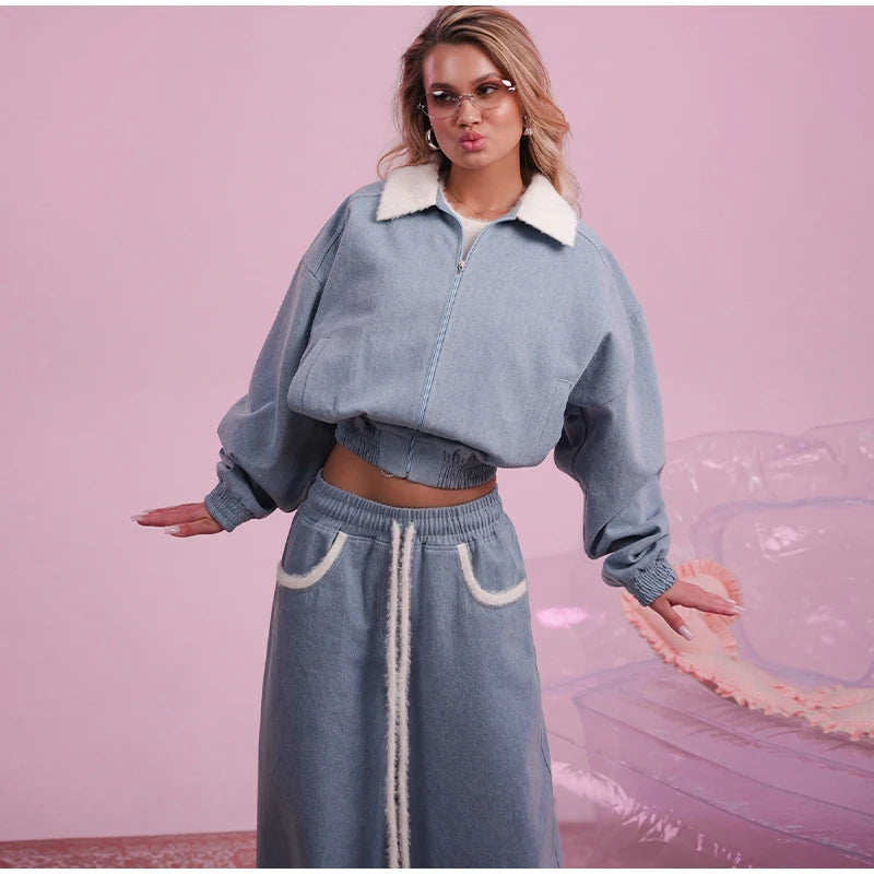 Contrast Lapel Zip Up Denim Jacket and Trousers Set for Women