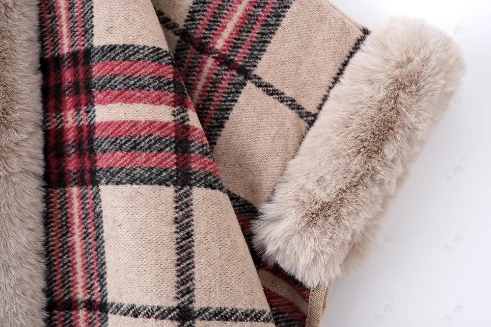 Faux Rabbit Fur Plaid Hooded Poncho Coat for Women