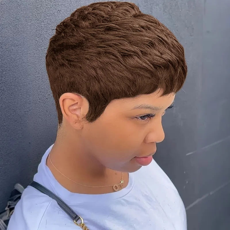 Women's Pixie Cut Wig 6 Inch Brazilian Remy Wavy Human Hair Layered Style Natural Look for full Machine wig