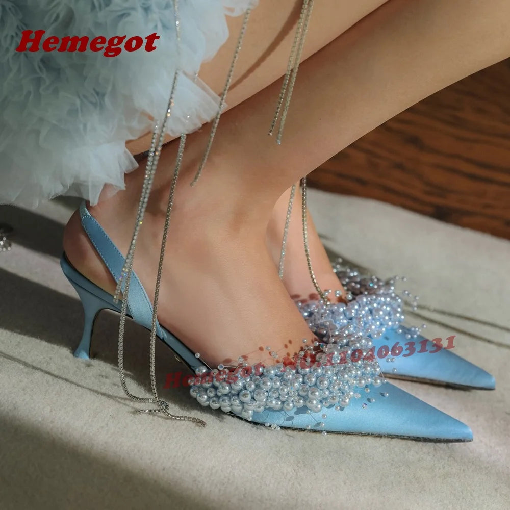 White Pearl Embellished Satin Slingback Pumps for Women