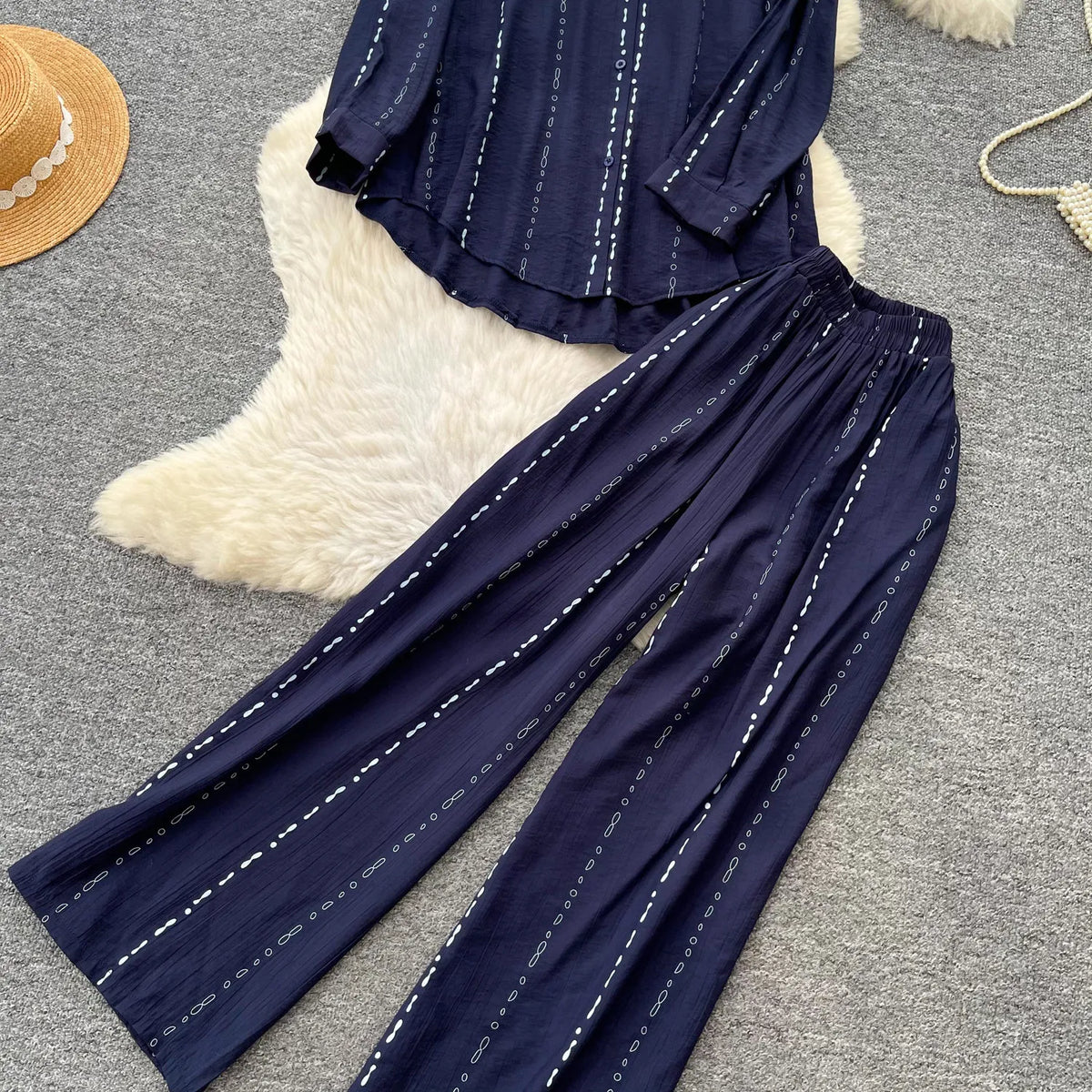 Collared Shirt and Wide Leg Pants Set