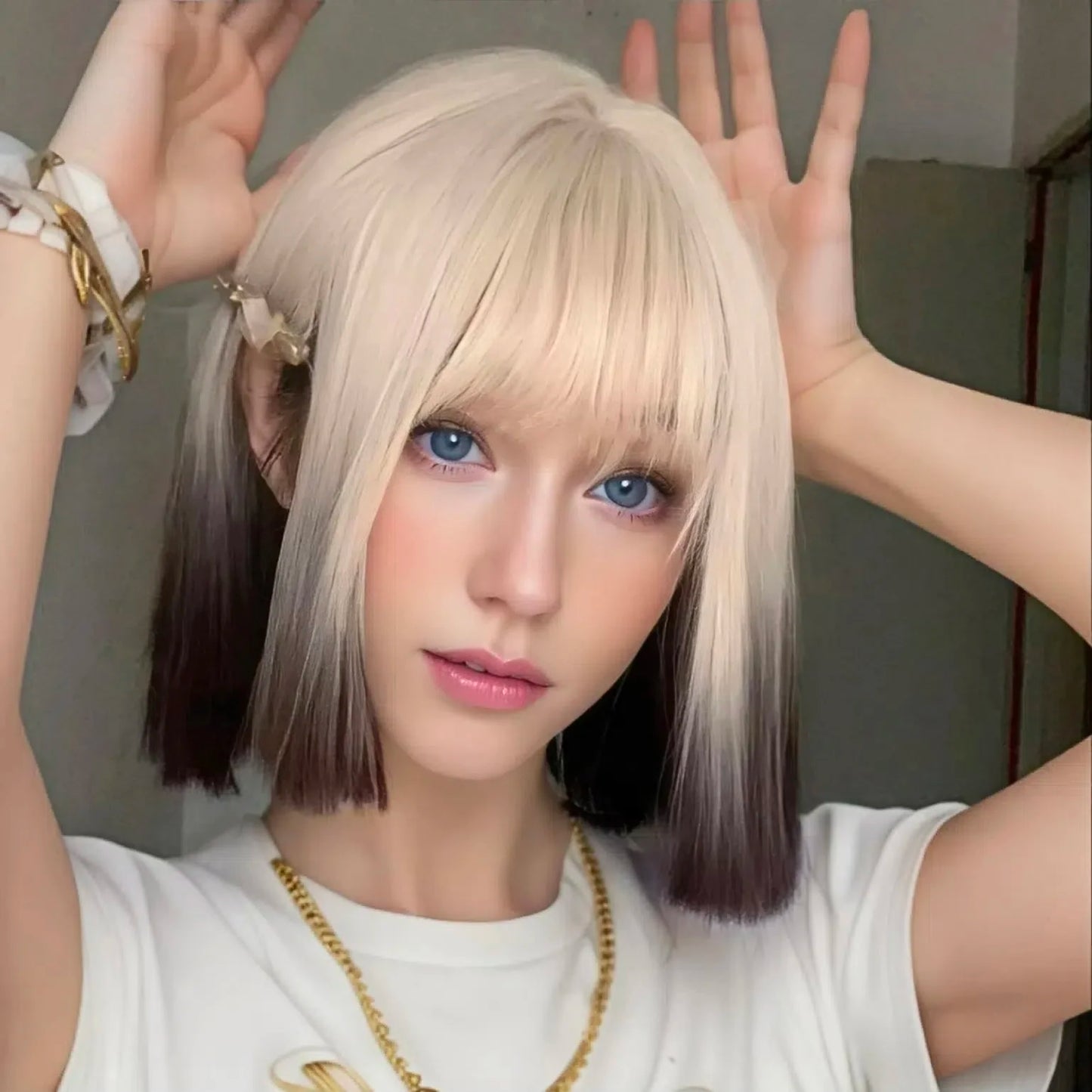 Blonde Ombre Synthetic Bob Wig With Bangs For Women