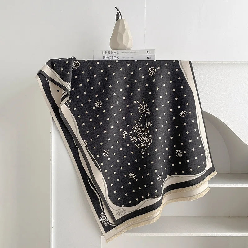 Rose Dot Print Knit Fringe Scarf