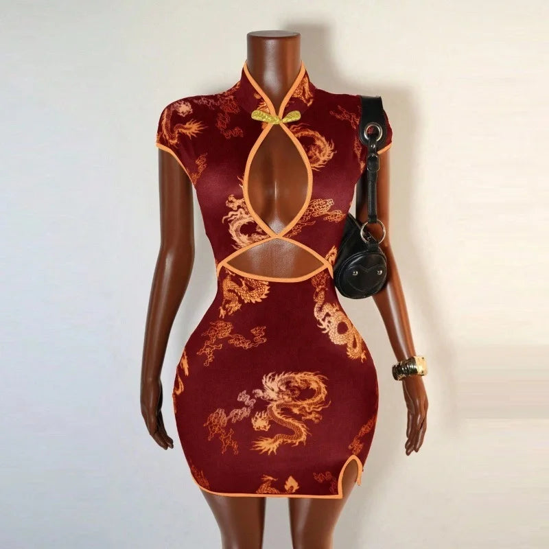 Cheongsam Style Dragon Print Cutout Dress for Women