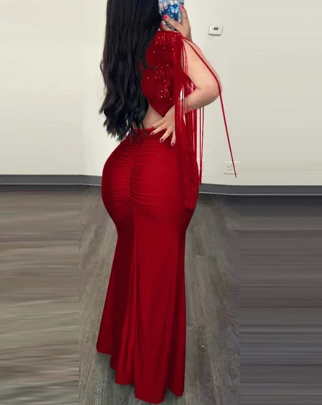 Evening Dresses Women Clothes Fashion Rhinestone Cold Shoulder Slit Ruched Party Elegant Long Bodycon Dress Summer 2024 New