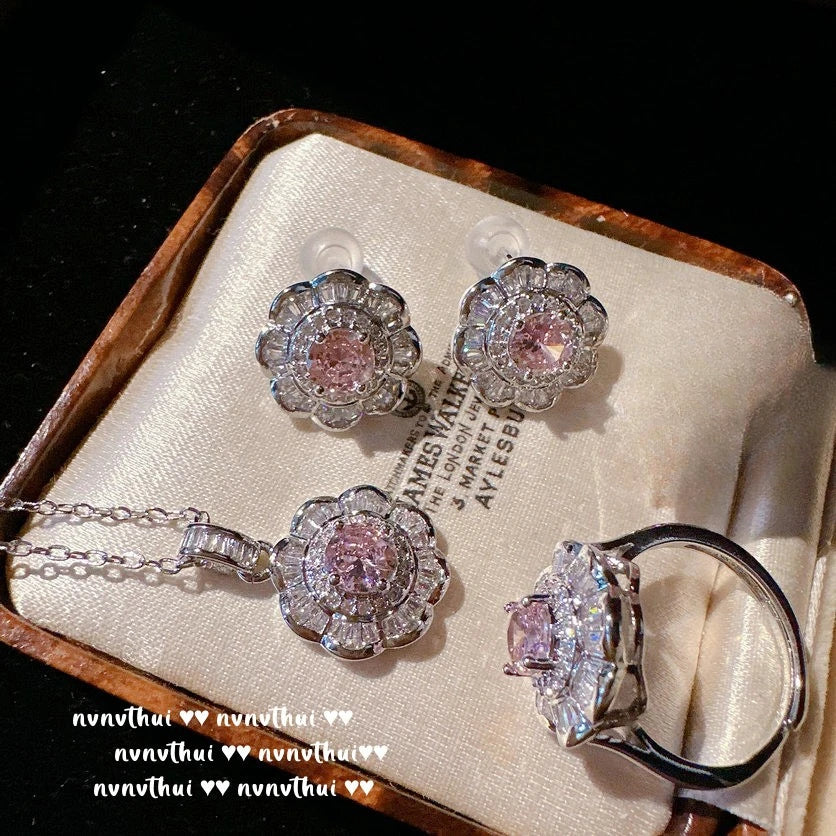Sterling Silver Pink Cubic Zirconia Jewelry Set for Women