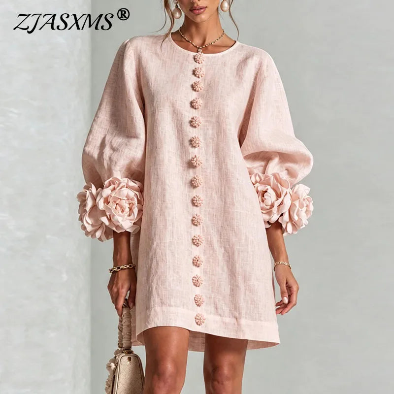 Elegant 3D Flower Bubble Sleeve Mini Dress for Women