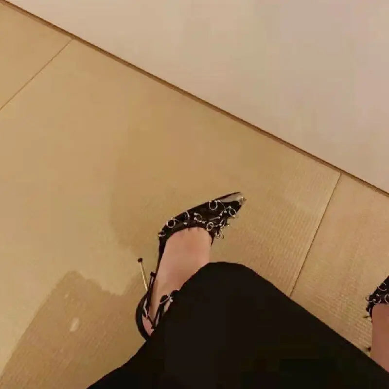 Genuine Leather Mesh Silver Buckle Strap Pumps for Women
