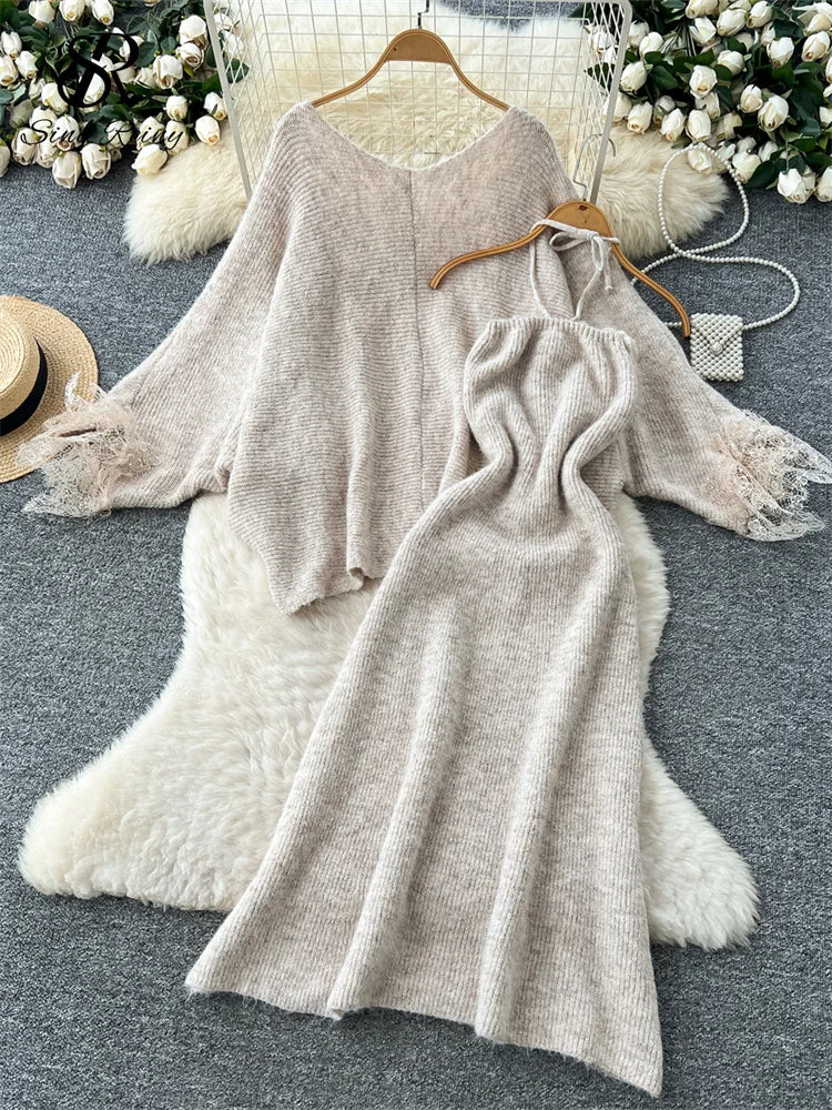 Lace Trim Knit Cardigan and Floral Halter Dress Set for Women
