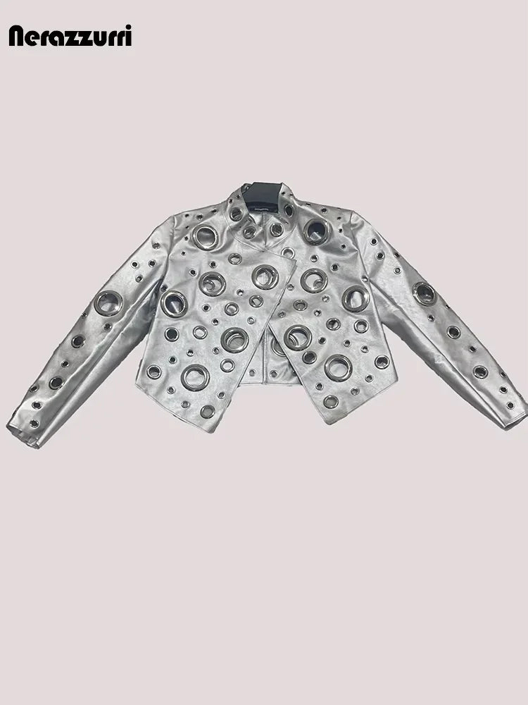 Sequin Hollow Out Patchwork Faux Leather Jacket For Women