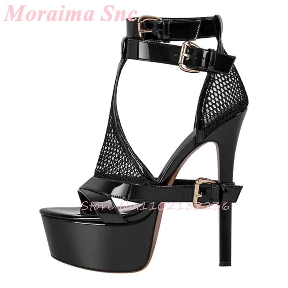 Mesh Cutout Patent Platform Sandals
