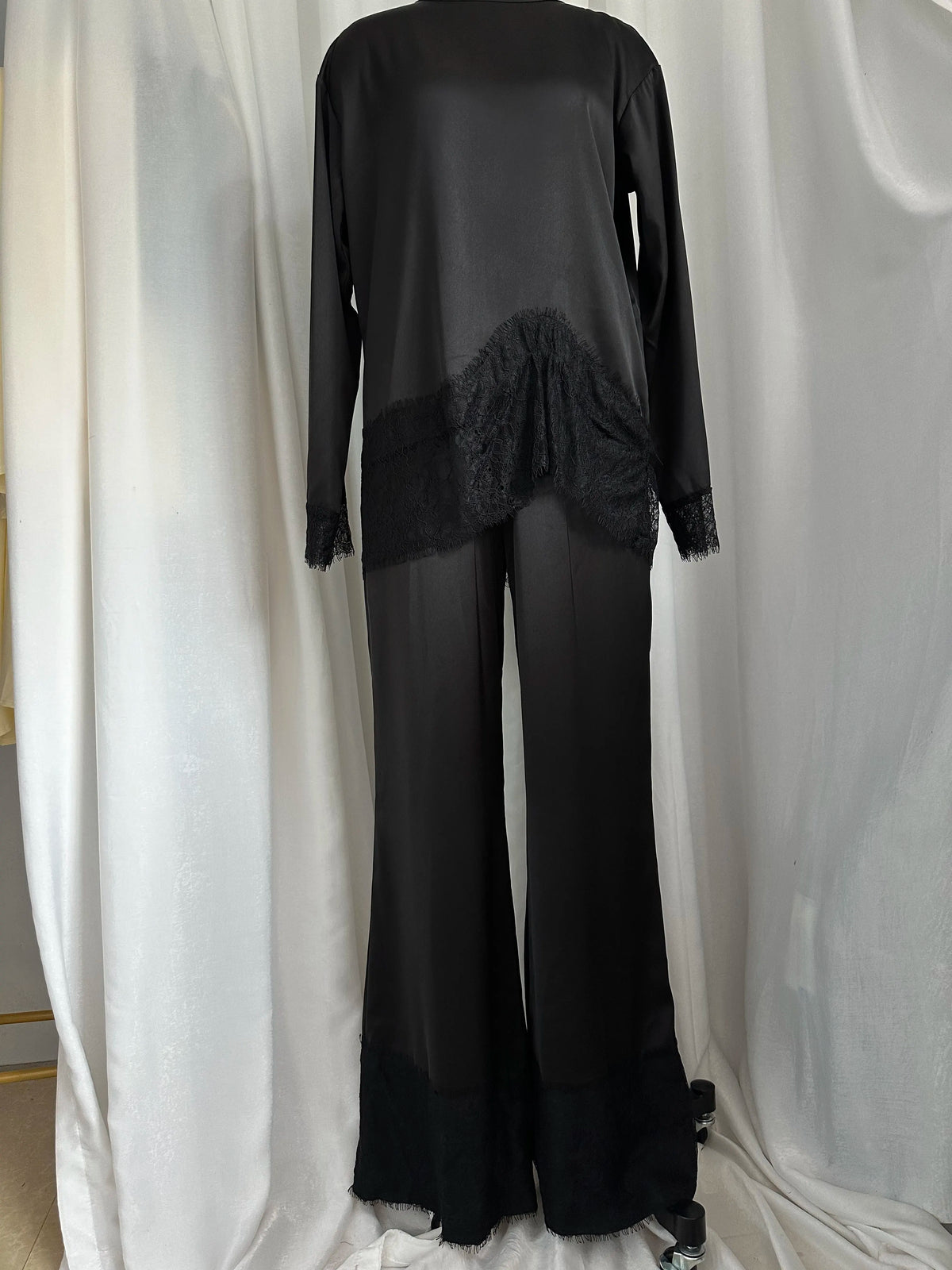 Elegant Lace Satin Wide Leg Pants Two Piece Set for Women