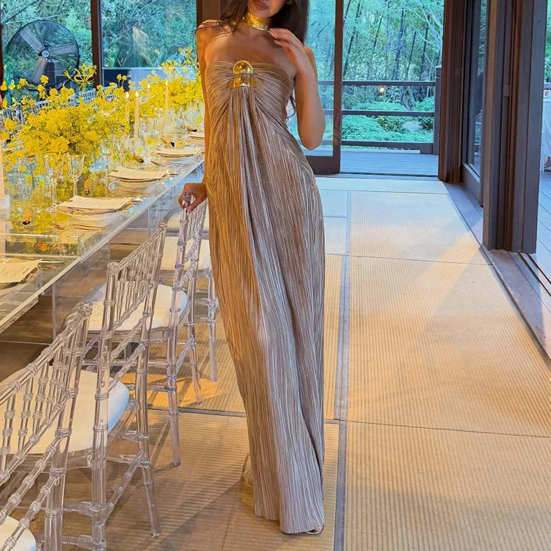 Pleated High Waist Split Maxi Dress