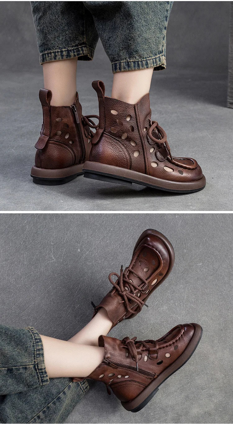 Breathable Hollow-Out Genuine Leather Ankle Boots for Women