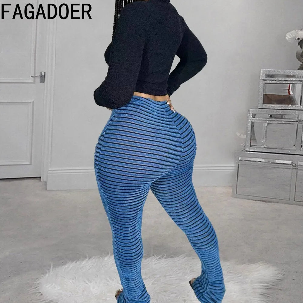 FAGADOER Stripe Plush Stacked Pants Women Casual Solid Color Fur Patchwork Flare Trousers Y2K Female Streetwear Bottoms 2025 New