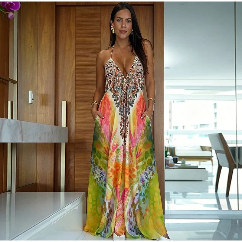 Beach Print Halter Neck Backless Long Dress for Women
