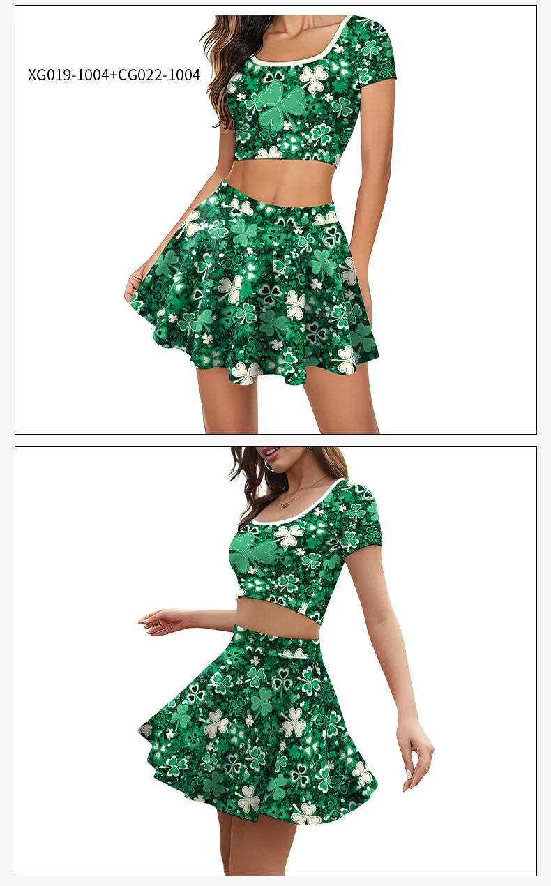 Festive Irish Green Shamrock Plaid Knit Skirt Set for Women