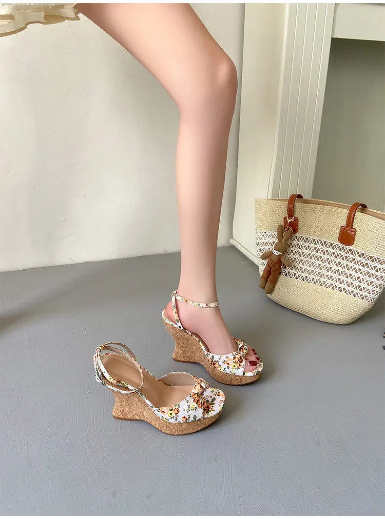 Summer Satin Peep Toe Slingback Wedge Platform Bow Sandals for Women