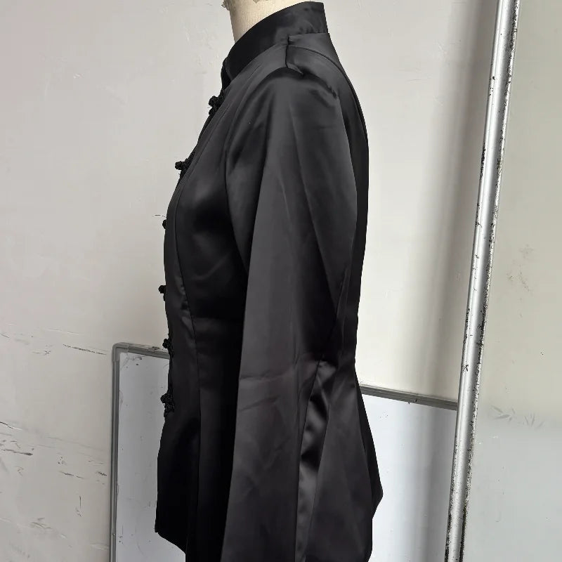 Elegant Satin Frog Button Standup Collar Jacket for Women