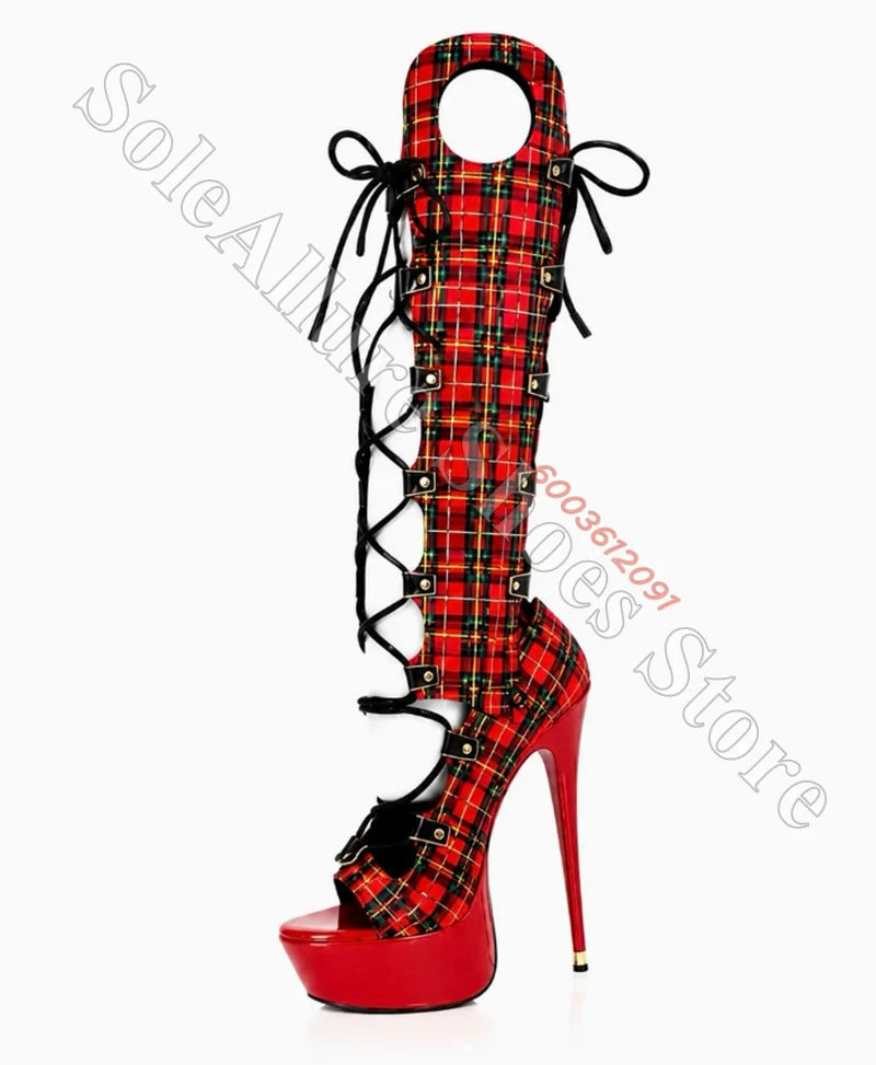Hot Pink Tartan Corset Lace-Up Platform Thigh High Boots for Women