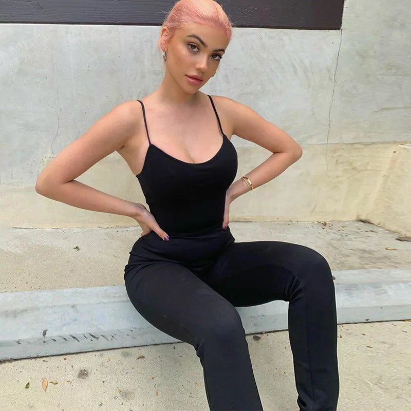 Black Sexy Jumpsuits Women Summer Sleeveless Rompers Spaghetti Strap Backless Casual Bodycon Skinny Sports Fashion Streetwear