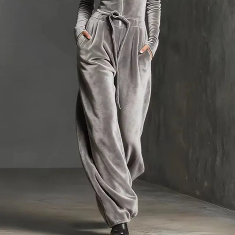 Retro Velvet Half-Zip Jumpsuit With Drawstring Waist for Women