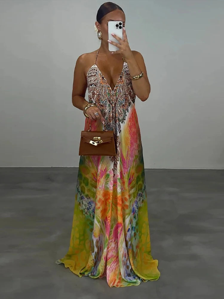 Beach Print Halter Neck Backless Long Dress for Women