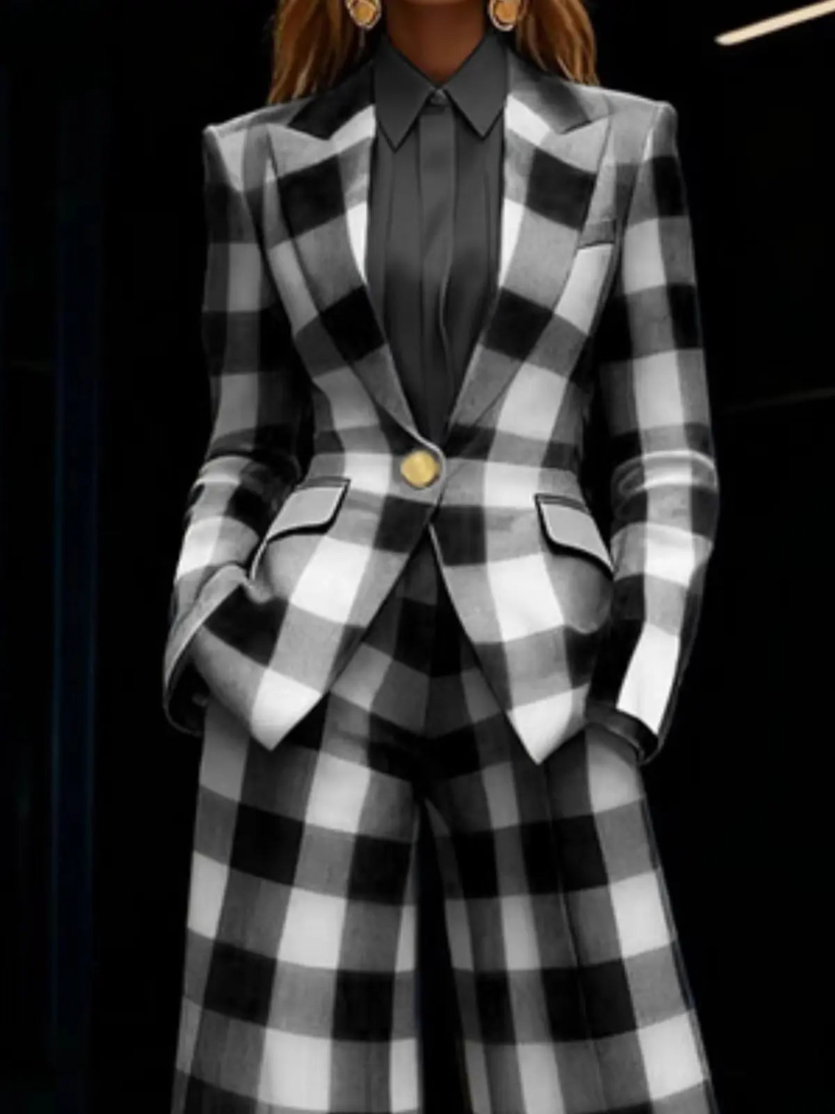 Plaid Print Lapel Single Button Blazer And High Waist Wide Leg Pants Two Piece Formal Business Matching Suit For Women Office Outfit Set