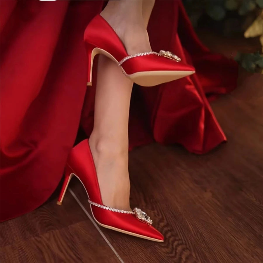 Rhinestone Pointed Toe Satin Wedding Pumps for Women
