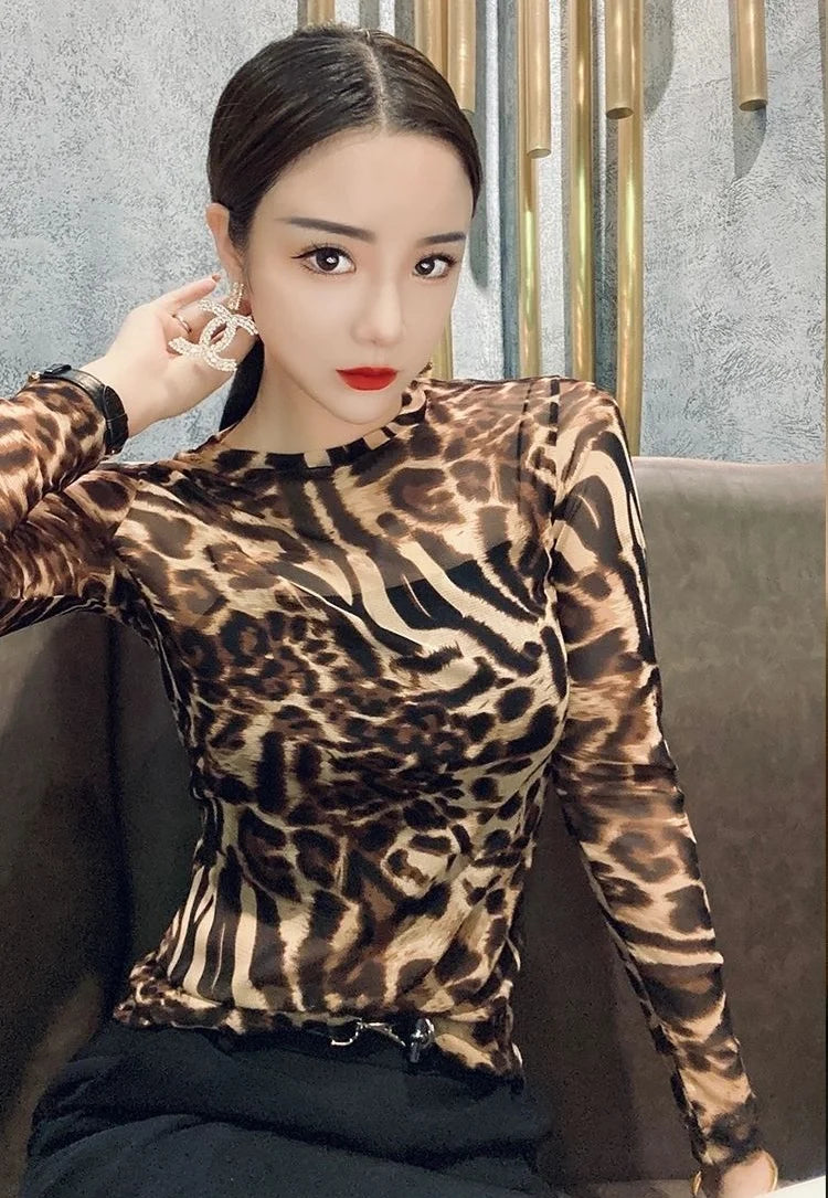 Top Female Mesh Leopard Print Women's Long Sleeve T-shirt Mature Spring Autumn Sexy Korean Reviews Many Clothes Japanese Vintage