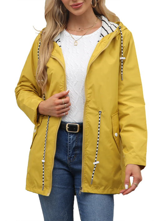 Women Outdoor Windbreaker Casual Loose Hooded Waterproof Raincoat Long Sleeve Solid Color Mid-length Zipper Hiking Jackets